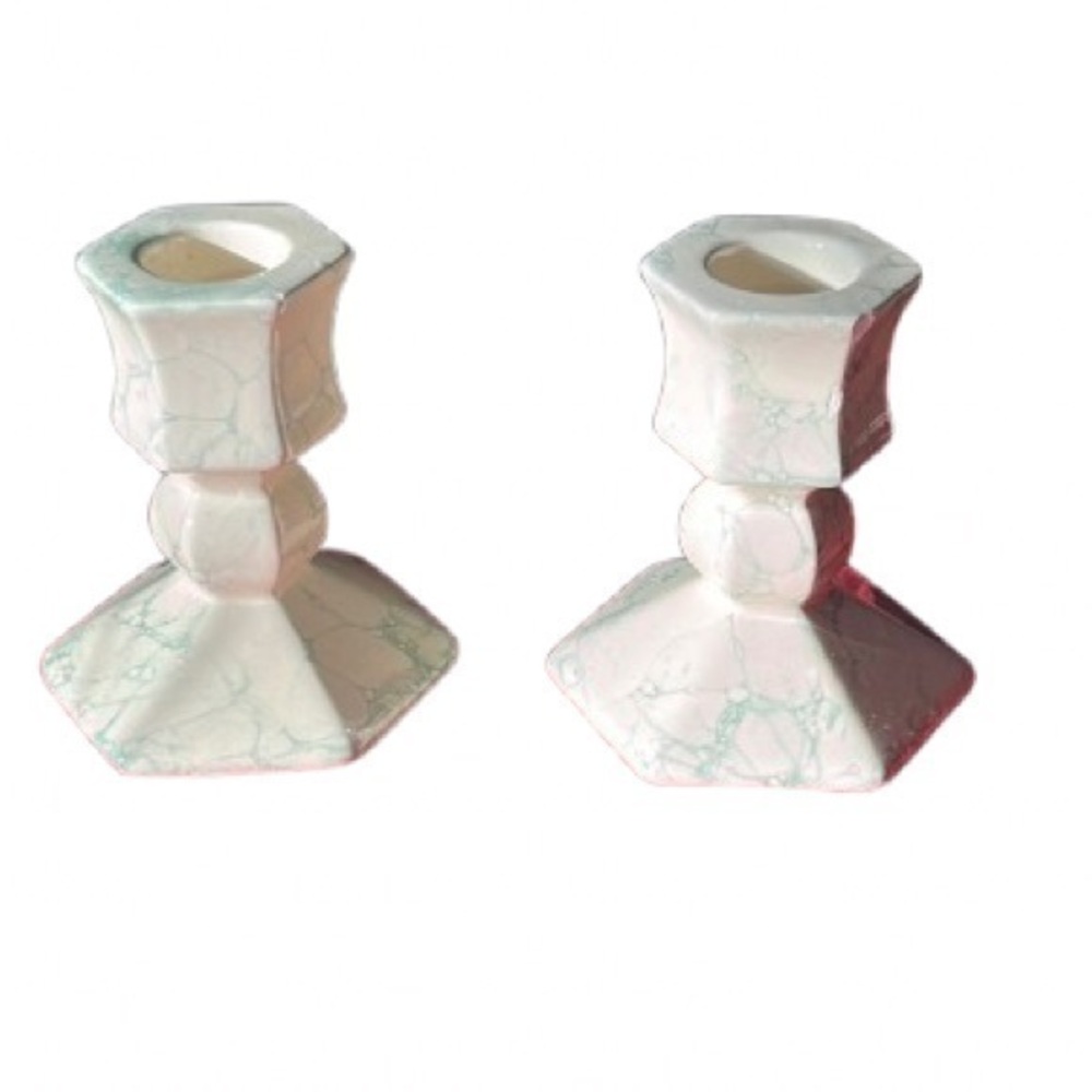 PartyLite Terrazzo P0591 cream and green marbled taper candlestick holder set